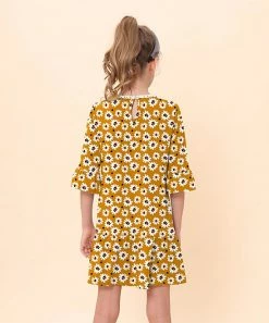 Best Sale 👍 Trend Blossoms Dark Mustard & Black Floral & Polka Dot Bell-Sleeve Ruffle-Hem Shift 👗 Dress - 👧 Girls 🛒 -Trend Blossoms-shop zu109736915 alt 1 tm1665749096