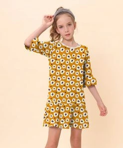 Best Sale 👍 Trend Blossoms Dark Mustard & Black Floral & Polka Dot Bell-Sleeve Ruffle-Hem Shift 👗 Dress - 👧 Girls 🛒