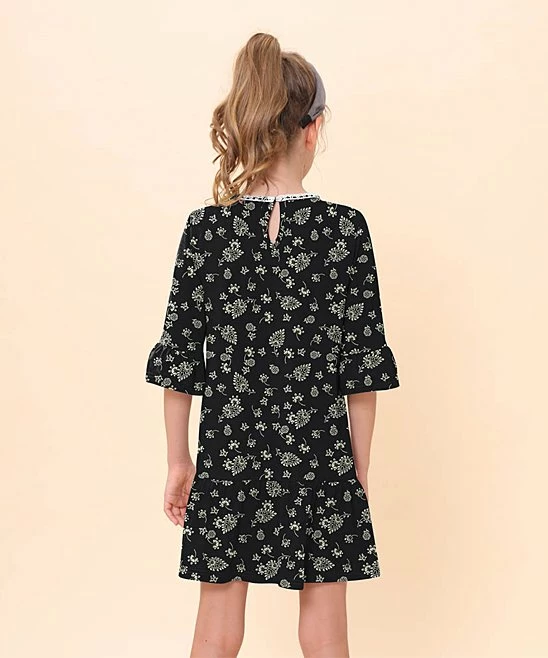 Buy 🎉 Trend Blossoms Black & Cream Floral Paisley Bell-Sleeve Ruffle-Hem Shift 👗 Dress - 👧 Girls 😉 4 Buy 🎉 Trend Blossoms Black & Cream Floral Paisley Bell-Sleeve Ruffle-Hem Shift 👗 Dress - 👧 Girls 😉 - Image 2