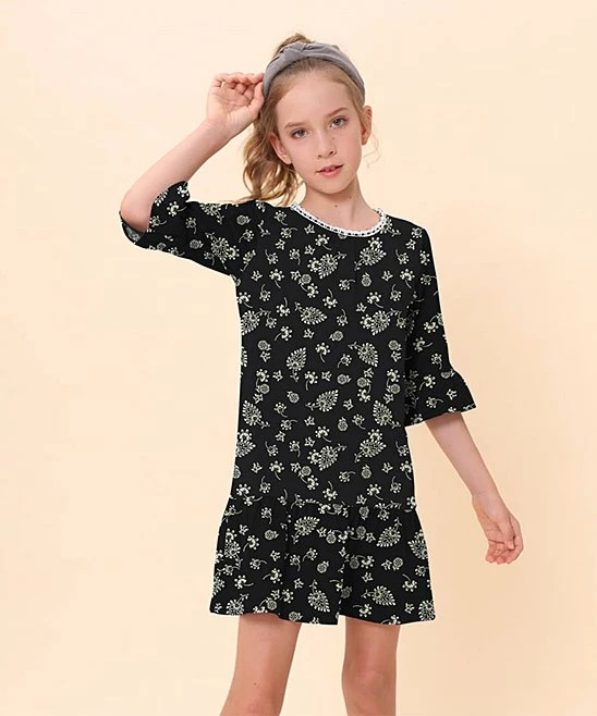Buy 🎉 Trend Blossoms Black & Cream Floral Paisley Bell-Sleeve Ruffle-Hem Shift 👗 Dress - 👧 Girls 😉 3 Buy 🎉 Trend Blossoms Black & Cream Floral Paisley Bell-Sleeve Ruffle-Hem Shift 👗 Dress - 👧 Girls 😉