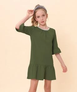 Promo 😍 Trend Blossoms Army Green Bell-Sleeve Ruffle-Hem Shift 👗 Dress - 👧 Girls ⌛