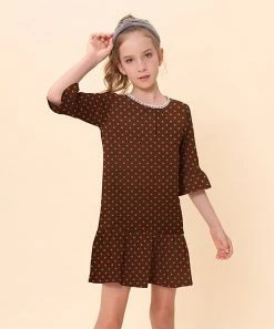 Brand new ⌛ Trend Blossoms Brown & Orange Polka Dot Bell-Sleeve Ruffle-Hem Shift 👗 Dress - 👧 Girls 🔔