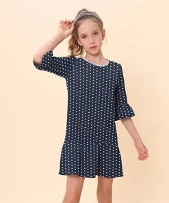 Budget 🧨 Trend Blossoms Navy & White Stars Bell-Sleeve Ruffle-Hem Shift 👗 Dress - 👧 Girls 🤩