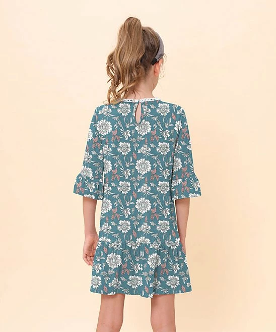 Budget ๐ Trend Blossoms Blue & White Floral Bell-Sleeve Ruffle-Hem Shift ๐ Dress - ๐ง Girls ๐ฅ 5 Budget ๐ Trend Blossoms Blue & White Floral Bell-Sleeve Ruffle-Hem Shift ๐ Dress - ๐ง Girls ๐ฅ - Image 3