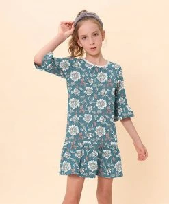 Budget 👍 Trend Blossoms Blue & White Floral Bell-Sleeve Ruffle-Hem Shift 👗 Dress - 👧 Girls 🔥