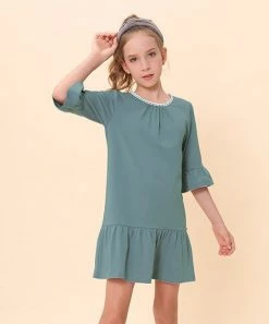 Budget 👏 Trend Blossoms Dusty Turquoise Bell-Sleeve Ruffle-Hem Shift 👗 Dress - 👧 Girls ❤️