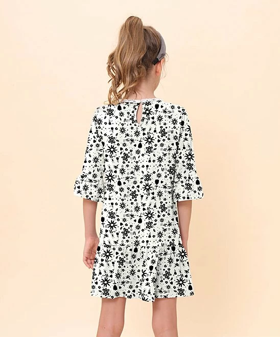 Promo ๐ Trend Blossoms White & Black Floral Bell-Sleeve Ruffle-Hem Shift ๐ Dress - ๐ง Girls โ๏ธ 4 Promo ๐ Trend Blossoms White & Black Floral Bell-Sleeve Ruffle-Hem Shift ๐ Dress - ๐ง Girls โ๏ธ - Image 2