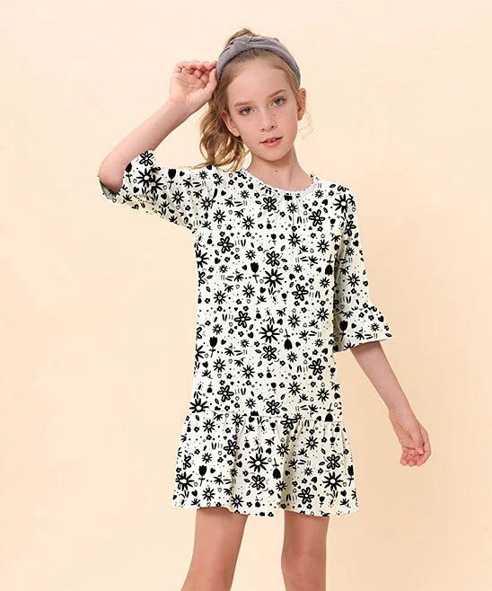 Promo ๐ Trend Blossoms White & Black Floral Bell-Sleeve Ruffle-Hem Shift ๐ Dress - ๐ง Girls โ๏ธ 3 Promo ๐ Trend Blossoms White & Black Floral Bell-Sleeve Ruffle-Hem Shift ๐ Dress - ๐ง Girls โ๏ธ