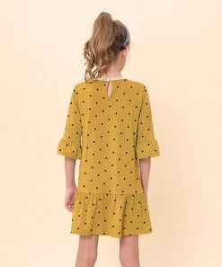 Cheapest 🧨 Trend Blossoms Mustard & Black Polka Dot Bell-Sleeve Ruffle-Hem Shift 👗 Dress - 👧 Girls 🛒 -Trend Blossoms-shop zu109743551 alt 1 tm1665749096