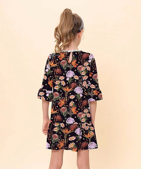 Wholesale 🌟 Trend Blossoms Charcoal & Orange Floral & Polka Dot Bell-Sleeve Ruffle-Hem Shift 👗 Dress - 👧 Girls 😉 5 Wholesale 🌟 Trend Blossoms Charcoal & Orange Floral & Polka Dot Bell-Sleeve Ruffle-Hem Shift 👗 Dress - 👧 Girls 😉 - Image 3