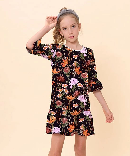 Wholesale 🌟 Trend Blossoms Charcoal & Orange Floral & Polka Dot Bell-Sleeve Ruffle-Hem Shift 👗 Dress - 👧 Girls 😉 3 Wholesale 🌟 Trend Blossoms Charcoal & Orange Floral & Polka Dot Bell-Sleeve Ruffle-Hem Shift 👗 Dress - 👧 Girls 😉
