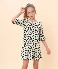 Deals 🛒 Trend Blossoms Cream & Black Leopard Bell-Sleeve Ruffle-Hem Shift 👗 Dress - 👧 Girls 😍