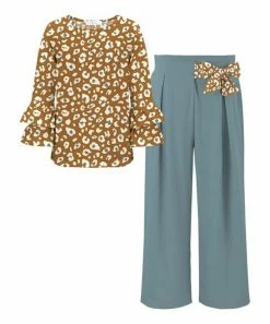 Best reviews of ✨ Trend Blossoms Light Brown Leopard Long-Sleeve Top & Dusty Turquoise Wide-Leg Pants - 👧 Girls ⭐