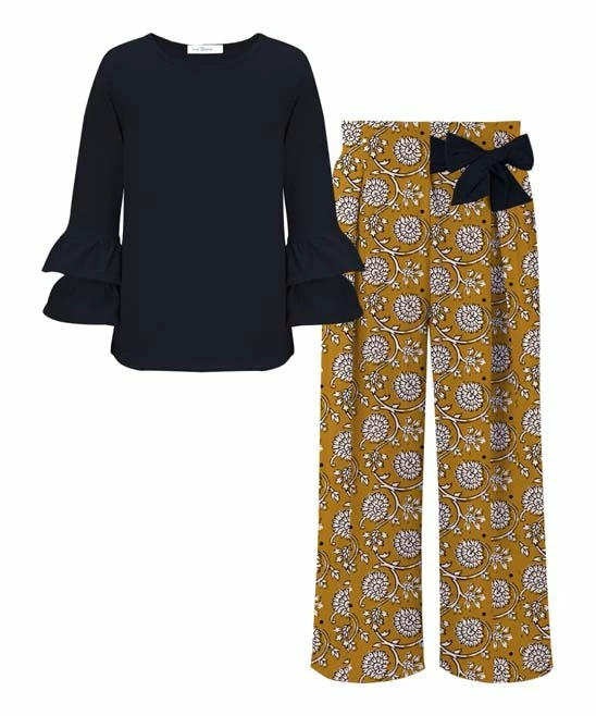 Cheap โ Trend Blossoms Dark Navy Long-Sleeve Top & Dark Mustard Floral Wide-Leg Pants - ๐ง Girls ๐ 3 Cheap โ Trend Blossoms Dark Navy Long-Sleeve Top & Dark Mustard Floral Wide-Leg Pants - ๐ง Girls ๐