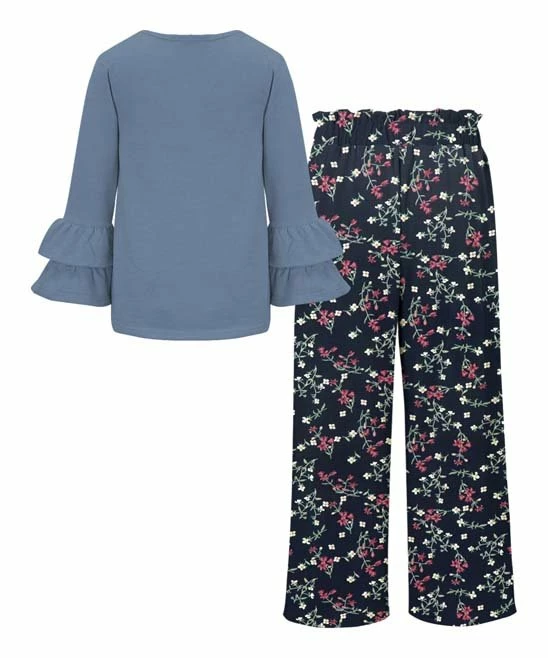 Promo ✔️ Trend Blossoms Dusty Blue Long-Sleeve Top & Dark Navy Floral Wide-Leg Pants - 👧 Girls 🛒 4 Promo ✔️ Trend Blossoms Dusty Blue Long-Sleeve Top & Dark Navy Floral Wide-Leg Pants - 👧 Girls 🛒 - Image 2