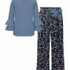 Promo ✔️ Trend Blossoms Dusty Blue Long-Sleeve Top & Dark Navy Floral Wide-Leg Pants - 👧 Girls 🛒 -Trend Blossoms-shop zu109785479 main tm1666207210
