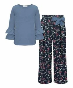Promo ✔️ Trend Blossoms Dusty Blue Long-Sleeve Top & Dark Navy Floral Wide-Leg Pants - 👧 Girls 🛒