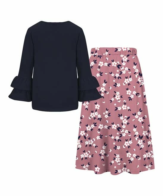 Wholesale 👏 Trend Blossoms Dark Navy Long-Sleeve Top & Dusty Rose Floral Bow-Accent Maxi 👗 Skirt - 👧 Girls 😍 5 Wholesale 👏 Trend Blossoms Dark Navy Long-Sleeve Top & Dusty Rose Floral Bow-Accent Maxi 👗 Skirt - 👧 Girls 😍 - Image 3