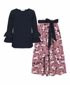 Wholesale 👏 Trend Blossoms Dark Navy Long-Sleeve Top & Dusty Rose Floral Bow-Accent Maxi 👗 Skirt - 👧 Girls 😍