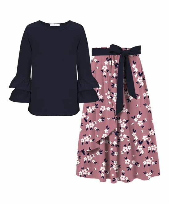 Wholesale 👏 Trend Blossoms Dark Navy Long-Sleeve Top & Dusty Rose Floral Bow-Accent Maxi 👗 Skirt - 👧 Girls 😍 3 Wholesale 👏 Trend Blossoms Dark Navy Long-Sleeve Top & Dusty Rose Floral Bow-Accent Maxi 👗 Skirt - 👧 Girls 😍
