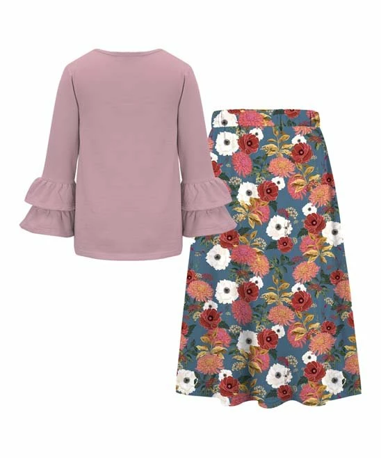 Deals ๐ฏ Trend Blossoms Dusty Pink Ruffle Long-Sleeve Top & Blue Floral Bow-Accent Maxi ๐ Skirt - ๐ง Girls ๐คฉ 5 Deals ๐ฏ Trend Blossoms Dusty Pink Ruffle Long-Sleeve Top & Blue Floral Bow-Accent Maxi ๐ Skirt - ๐ง Girls ๐คฉ - Image 3