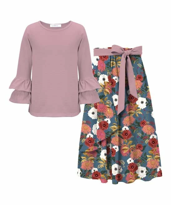 Deals ๐ฏ Trend Blossoms Dusty Pink Ruffle Long-Sleeve Top & Blue Floral Bow-Accent Maxi ๐ Skirt - ๐ง Girls ๐คฉ 3 Deals ๐ฏ Trend Blossoms Dusty Pink Ruffle Long-Sleeve Top & Blue Floral Bow-Accent Maxi ๐ Skirt - ๐ง Girls ๐คฉ
