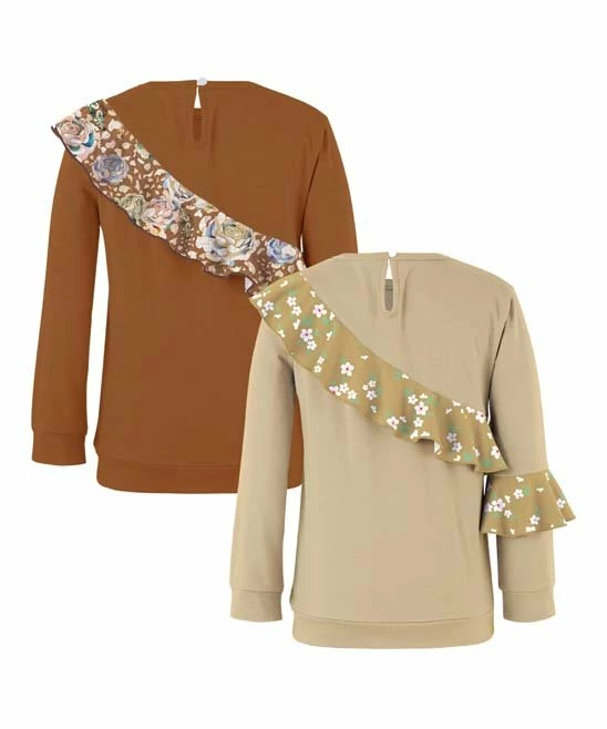 Best Sale โ Trend Blossoms Light Brown & Cream Floral Ruffle-Accent Long Sleeve Top Set - ๐ง Girls ๐ 6 Best Sale โ Trend Blossoms Light Brown & Cream Floral Ruffle-Accent Long Sleeve Top Set - ๐ง Girls ๐ - Image 4