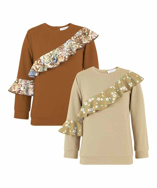 Best Sale โ Trend Blossoms Light Brown & Cream Floral Ruffle-Accent Long Sleeve Top Set - ๐ง Girls ๐ 3 Best Sale โ Trend Blossoms Light Brown & Cream Floral Ruffle-Accent Long Sleeve Top Set - ๐ง Girls ๐