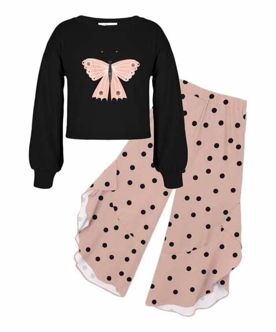 Deals ๐ Trend Blossoms Black Butterfly Puff-Sleeve Top & Pink Polka Dot Wide-Leg Pants - ๐ง Girls ๐ 3 Deals ๐ Trend Blossoms Black Butterfly Puff-Sleeve Top & Pink Polka Dot Wide-Leg Pants - ๐ง Girls ๐