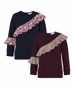 Wholesale ✨ Trend Blossoms Dark Navy & Wine Berry Floral Ruffle-Accent Long Sleeve Top Set - 👧 Girls 🌟