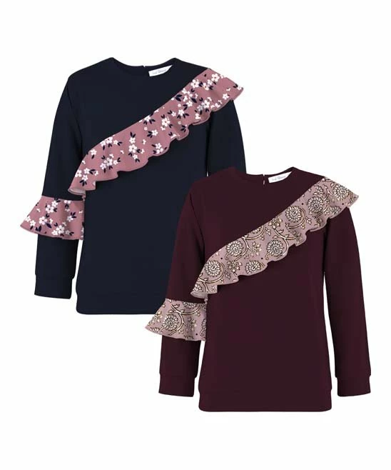 Wholesale ✨ Trend Blossoms Dark Navy & Wine Berry Floral Ruffle-Accent Long Sleeve Top Set - 👧 Girls 🌟 3 Wholesale ✨ Trend Blossoms Dark Navy & Wine Berry Floral Ruffle-Accent Long Sleeve Top Set - 👧 Girls 🌟