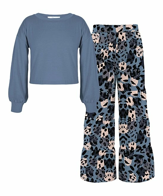 Best Sale ๐ Trend Blossoms Dusty Blue Bishop-Sleeve Top & Animal-Print Tiered Pants - ๐ง Girls ๐ฅ 3 Best Sale ๐ Trend Blossoms Dusty Blue Bishop-Sleeve Top & Animal-Print Tiered Pants - ๐ง Girls ๐ฅ
