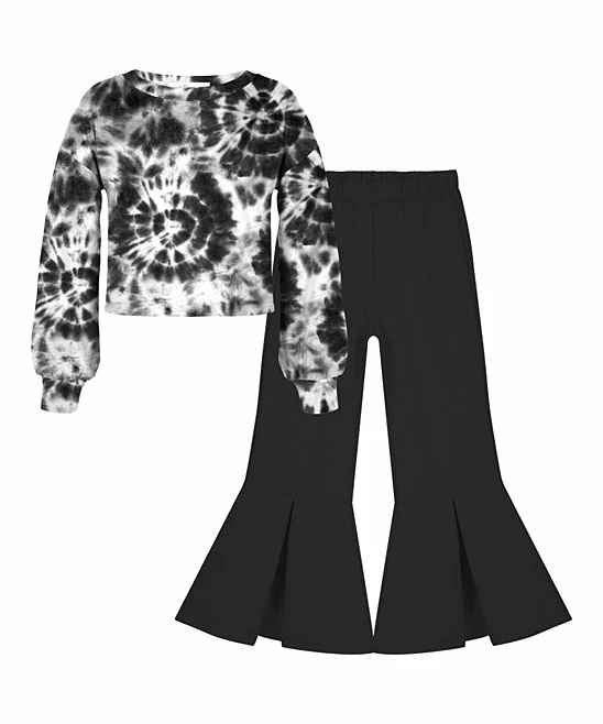 Cheap ๐ Trend Blossoms White Tie-Dye Bishop-Sleeve Top & Dark Charcoal Flare Pants - ๐ง Girls โจ 3 Cheap ๐ Trend Blossoms White Tie-Dye Bishop-Sleeve Top & Dark Charcoal Flare Pants - ๐ง Girls โจ