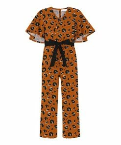 Flash Sale 🧨 Trend Blossoms Burnt Orange & Dark Navy Leopard Belted Cape-Sleeve Jumpsuit - 👧 Girls ✔️