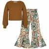 Top 10 👍 Trend Blossoms Light Brown Bishop-Sleeve Top & Teal Animal-Print Flare Pants - 👧 Girls 👏