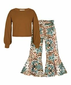 Top 10 👍 Trend Blossoms Light Brown Bishop-Sleeve Top & Teal Animal-Print Flare Pants - 👧 Girls 👏