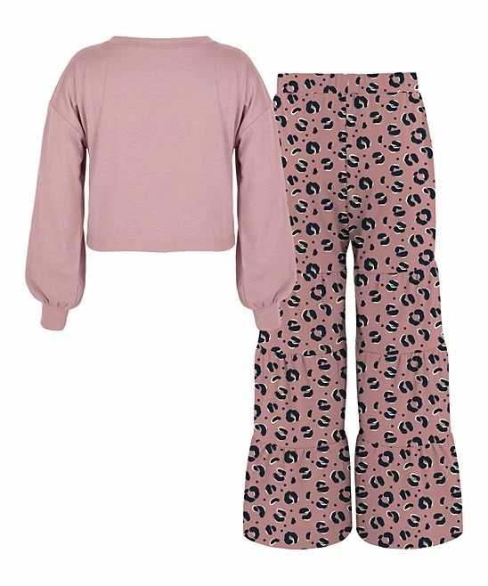 Outlet ๐ Trend Blossoms Dusty Pink Heart Bishop-Sleeve Top & Leopard Tiered Pants - ๐ง Girls โจ 4 Outlet ๐ Trend Blossoms Dusty Pink Heart Bishop-Sleeve Top & Leopard Tiered Pants - ๐ง Girls โจ - Image 2