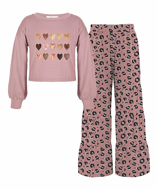 Outlet ๐ Trend Blossoms Dusty Pink Heart Bishop-Sleeve Top & Leopard Tiered Pants - ๐ง Girls โจ 3 Outlet ๐ Trend Blossoms Dusty Pink Heart Bishop-Sleeve Top & Leopard Tiered Pants - ๐ง Girls โจ