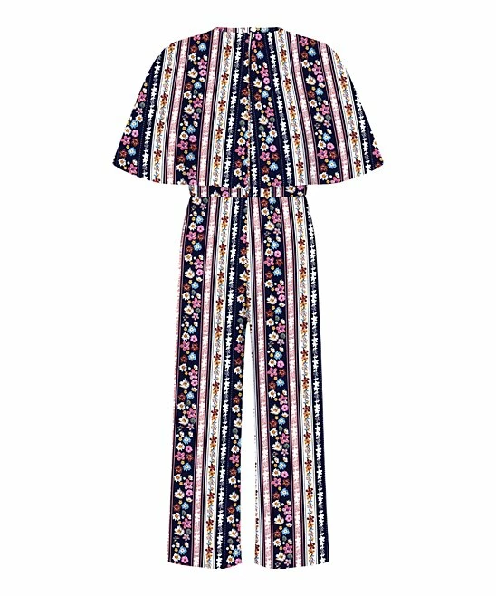 Hot Sale 🌟 Trend Blossoms Dark Navy & Pink Floral Stripe Belted Cape-Sleeve Jumpsuit - 👧 Girls 👏 5 Hot Sale 🌟 Trend Blossoms Dark Navy & Pink Floral Stripe Belted Cape-Sleeve Jumpsuit - 👧 Girls 👏 - Image 3