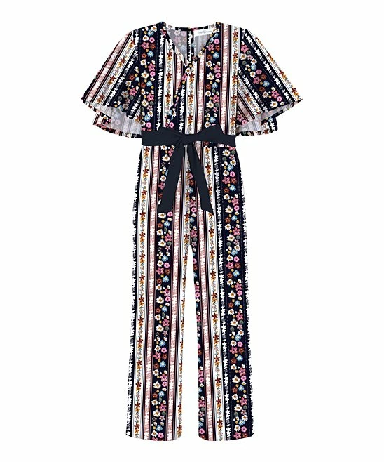 Hot Sale 🌟 Trend Blossoms Dark Navy & Pink Floral Stripe Belted Cape-Sleeve Jumpsuit - 👧 Girls 👏 3 Hot Sale 🌟 Trend Blossoms Dark Navy & Pink Floral Stripe Belted Cape-Sleeve Jumpsuit - 👧 Girls 👏