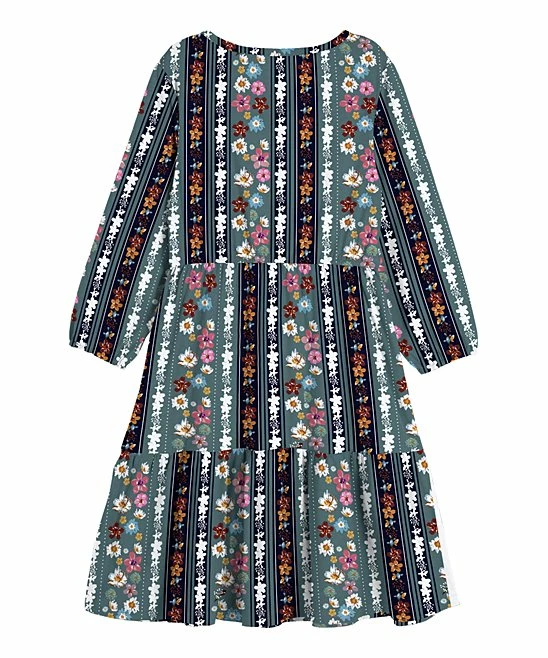 Coupon 😍 Trend Blossoms Dusty Teal & Pink Floral Stripe Ruffle-Accent A-Line 👗 Dress - 👧 Girls 🎉 4 Coupon 😍 Trend Blossoms Dusty Teal & Pink Floral Stripe Ruffle-Accent A-Line 👗 Dress - 👧 Girls 🎉 - Image 2
