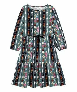 Coupon 😍 Trend Blossoms Dusty Teal & Pink Floral Stripe Ruffle-Accent A-Line 👗 Dress - 👧 Girls 🎉