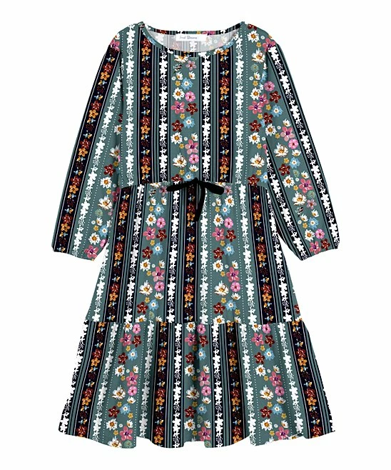 Coupon 😍 Trend Blossoms Dusty Teal & Pink Floral Stripe Ruffle-Accent A-Line 👗 Dress - 👧 Girls 🎉 3 Coupon 😍 Trend Blossoms Dusty Teal & Pink Floral Stripe Ruffle-Accent A-Line 👗 Dress - 👧 Girls 🎉