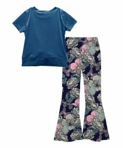 Cheapest 🌟 Trend Blossoms Diamond Blue Velvet Knot Top & Navy Floral Butterfly Flare Pants - 👧 Girls ❤️ -Trend Blossoms-shop zu109879798 alt 1 tm1666453664