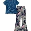 Cheapest 🌟 Trend Blossoms Diamond Blue Velvet Knot Top & Navy Floral Butterfly Flare Pants - 👧 Girls ❤️ -Trend Blossoms-shop zu109879798 main tm1666453664