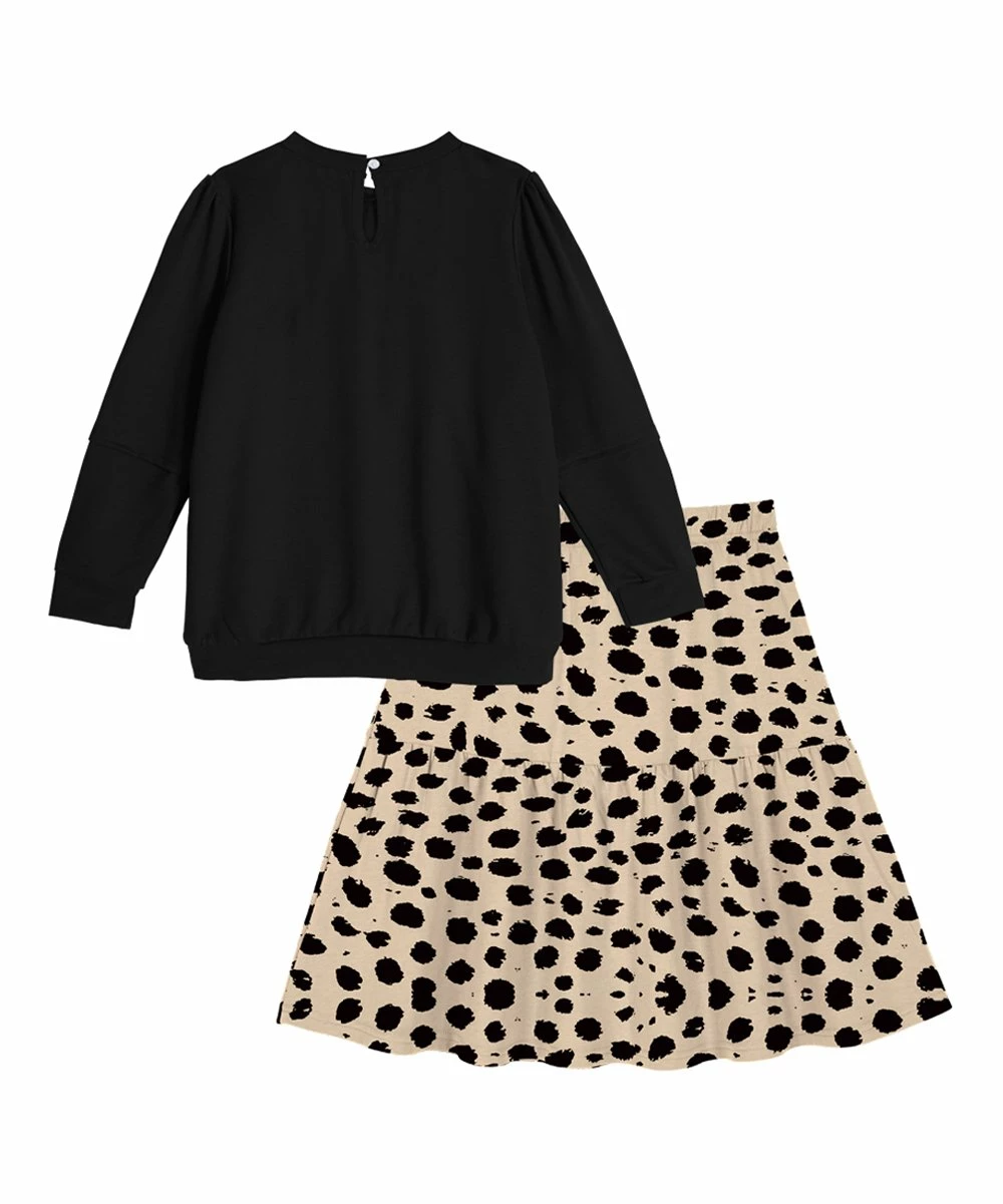 Buy ๐งจ Trend Blossoms Black Leopard Heart Long Sleeve Top & Light Tan Leopard Midi ๐ Skirt - ๐ง Girls ๐งจ 4 Buy ๐งจ Trend Blossoms Black Leopard Heart Long Sleeve Top & Light Tan Leopard Midi ๐ Skirt - ๐ง Girls ๐งจ - Image 2