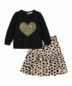 Buy ๐งจ Trend Blossoms Black Leopard Heart Long Sleeve Top & Light Tan Leopard Midi ๐ Skirt - ๐ง Girls ๐งจ