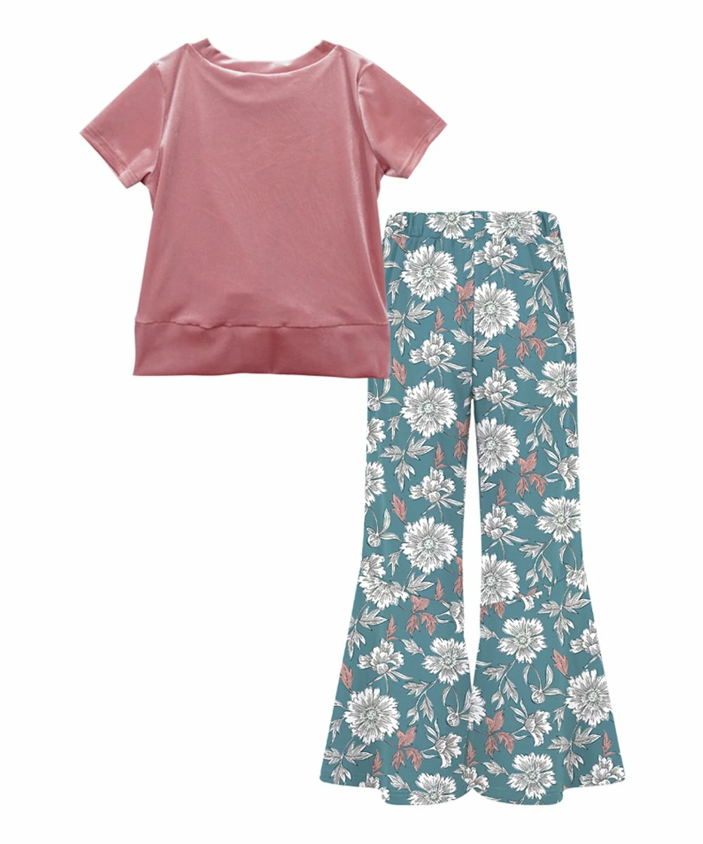 Top 10 ๐งจ Trend Blossoms Pink Velvet Knot-Front Top & Blue Floral Flare Pants - ๐ง Girls โจ 4 Top 10 ๐งจ Trend Blossoms Pink Velvet Knot-Front Top & Blue Floral Flare Pants - ๐ง Girls โจ - Image 2