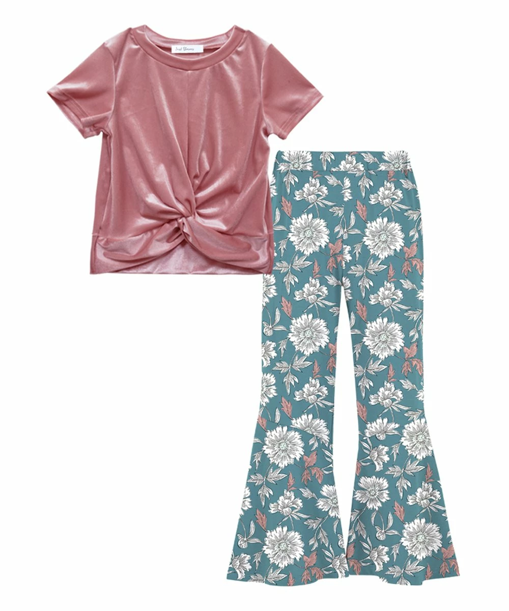 Top 10 ๐งจ Trend Blossoms Pink Velvet Knot-Front Top & Blue Floral Flare Pants - ๐ง Girls โจ 3 Top 10 ๐งจ Trend Blossoms Pink Velvet Knot-Front Top & Blue Floral Flare Pants - ๐ง Girls โจ