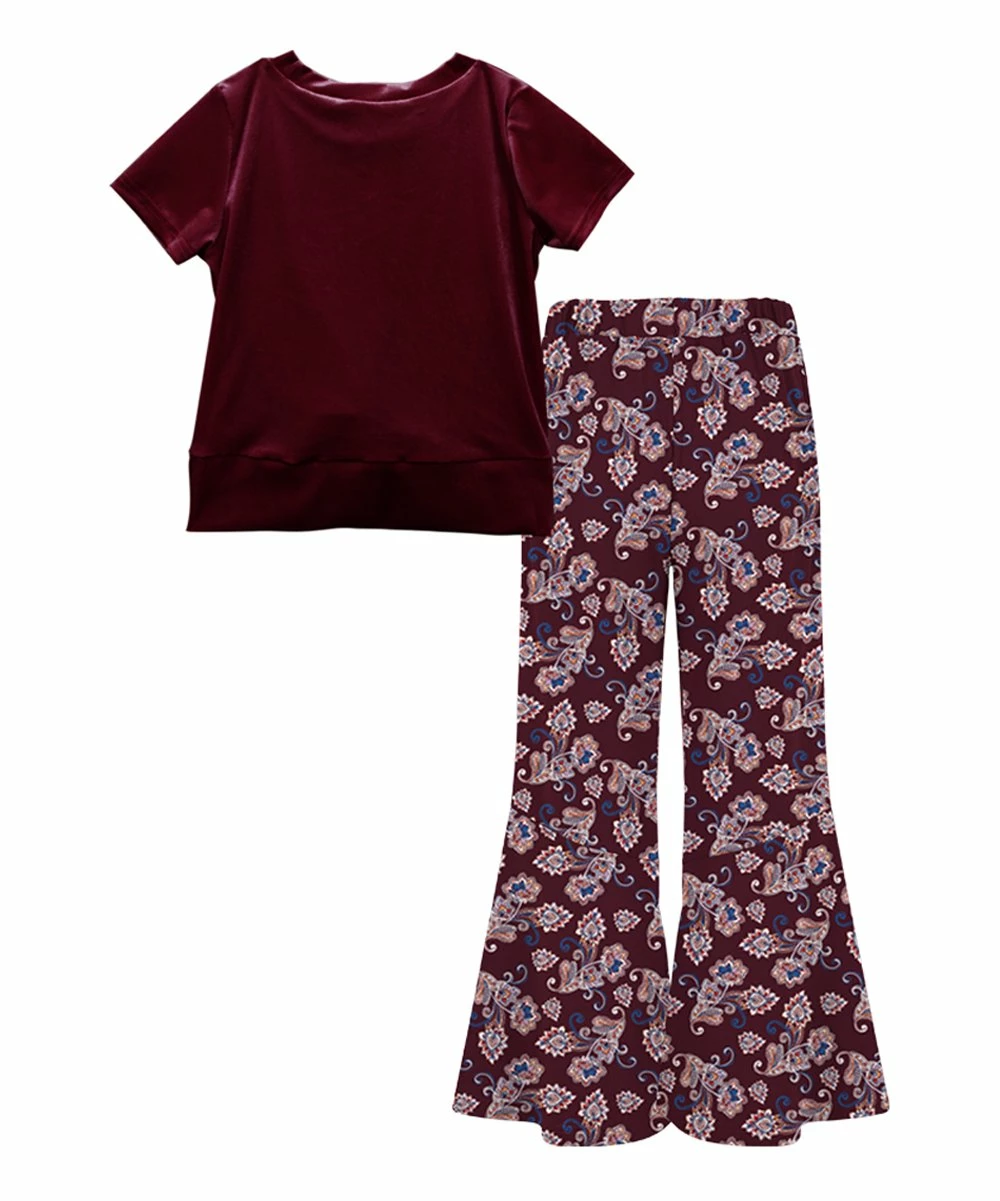 Cheap ๐คฉ Trend Blossoms Burgundy Velvet Knot-Front Top & Floral Paisley Flare Pants - ๐ง Girls ๐ 4 Cheap ๐คฉ Trend Blossoms Burgundy Velvet Knot-Front Top & Floral Paisley Flare Pants - ๐ง Girls ๐ - Image 2